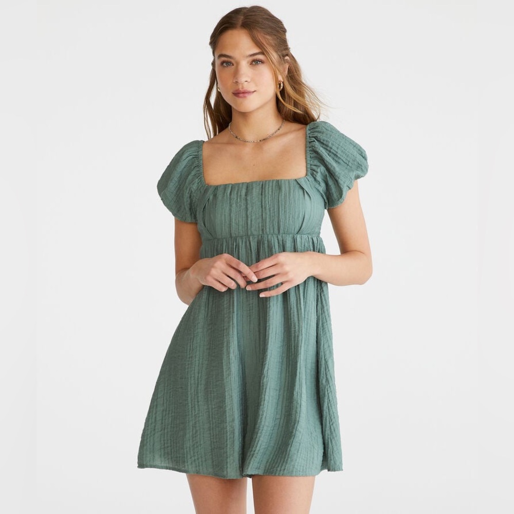 Solid Square-Neck Pleated Babydoll Dress